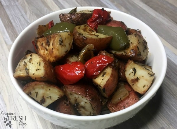 favorite roasted potatoes in a white bowl