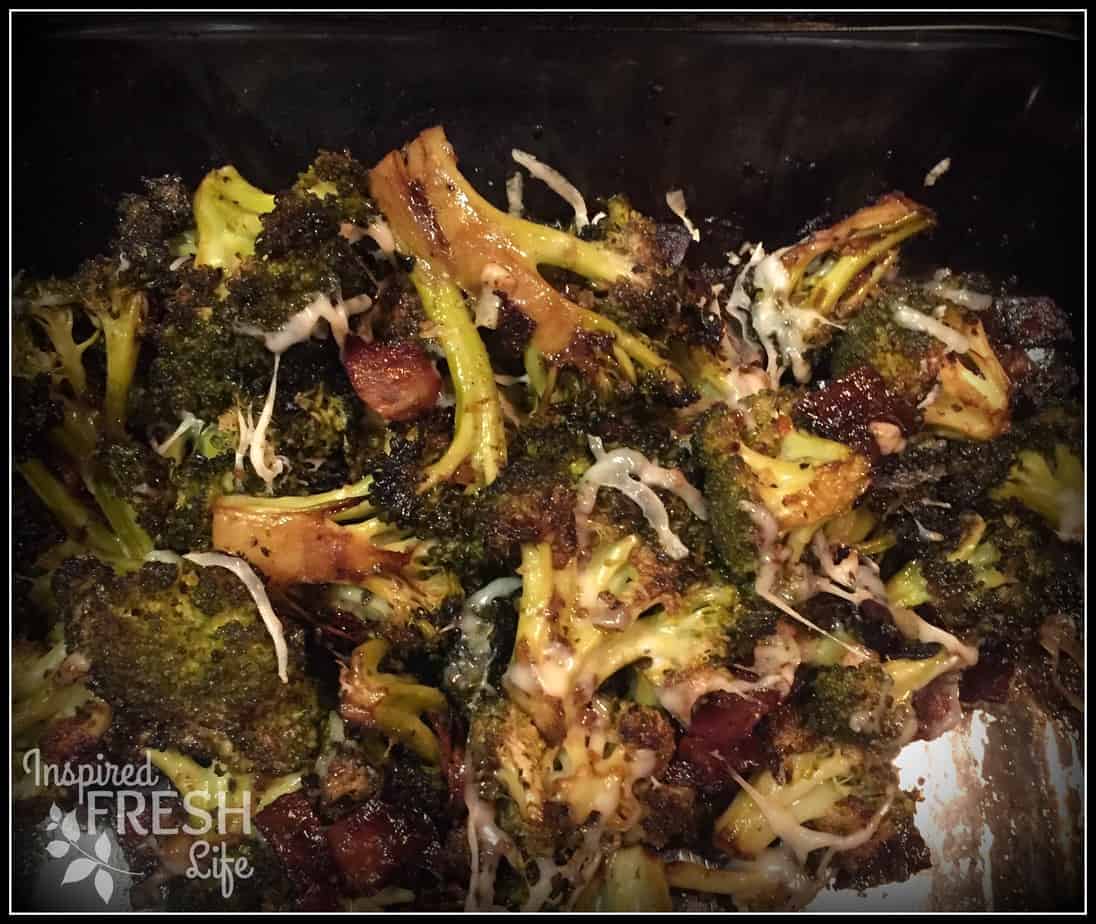 Roasted Broccoli tossed with bacon and parmesan.