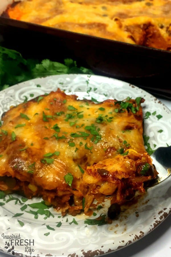 Chicken enchilada casserole on a plate with a fork lifting a bite