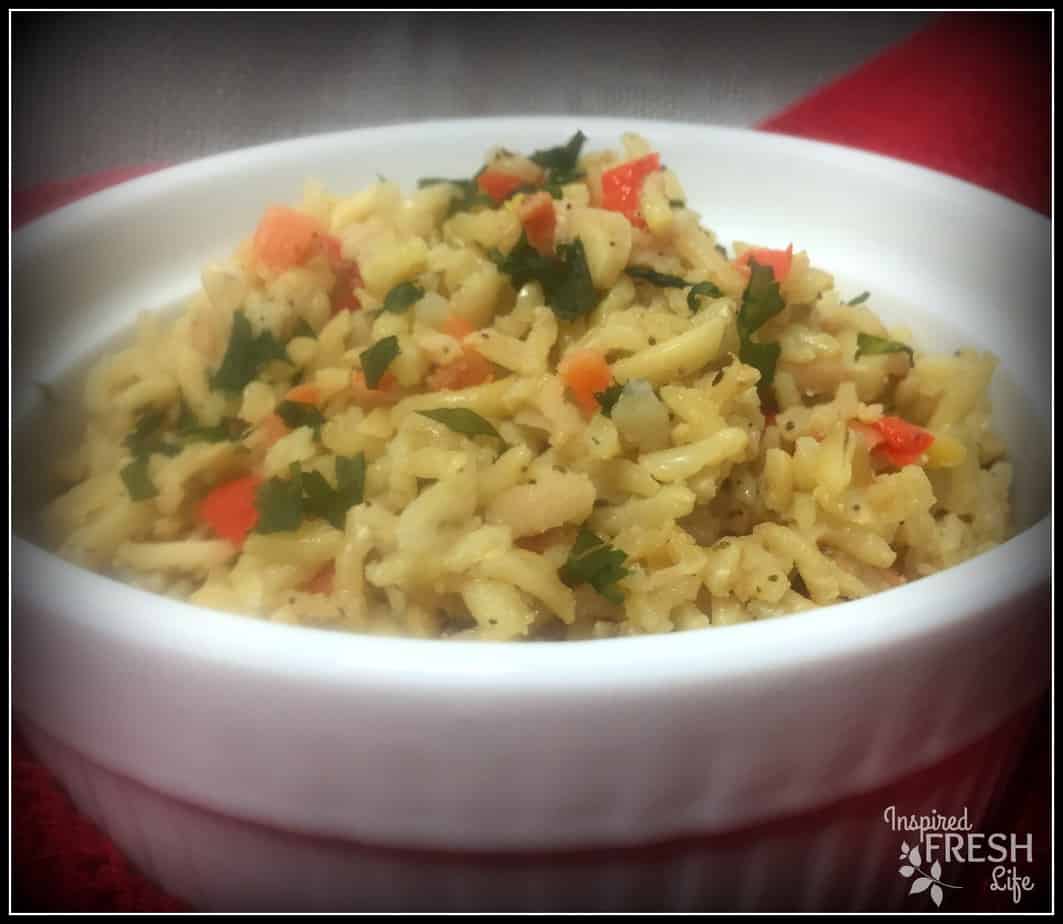 Brown Rice Pilaf in a white bowl