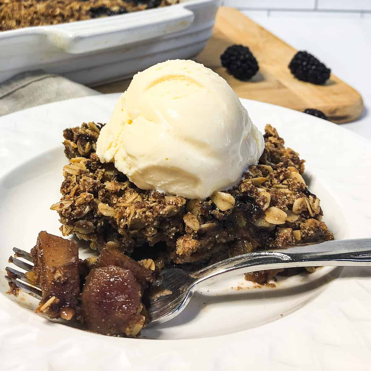 Closeup of Apple Berry Crumble topped with vanilla ice cream.